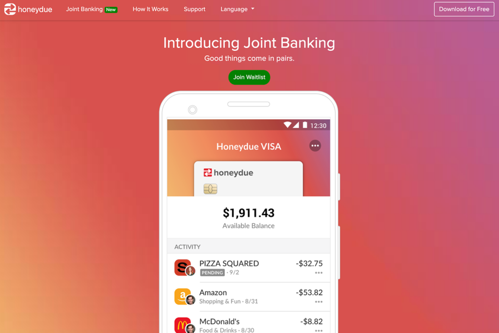 Preview of Honeydue app showing transaction history and account balances.